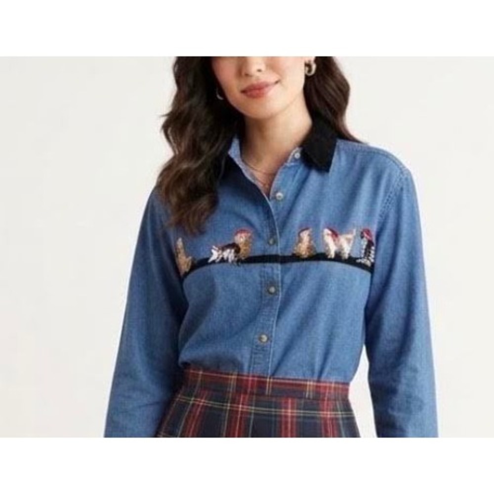 Casey & Max Vintage Denim Cat Christmas Shirt Velvet Collar Blue Small